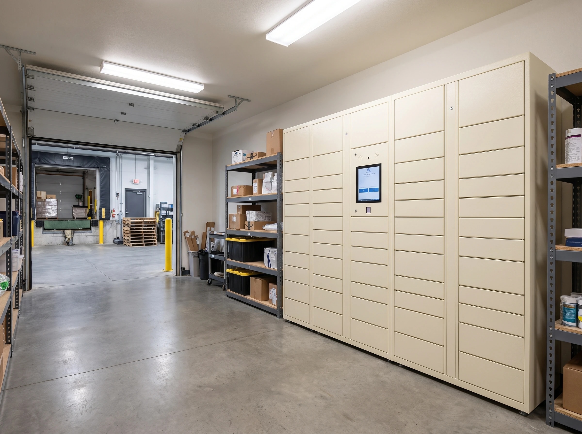 StaticMile locker bank in a property back-of-house receiving room