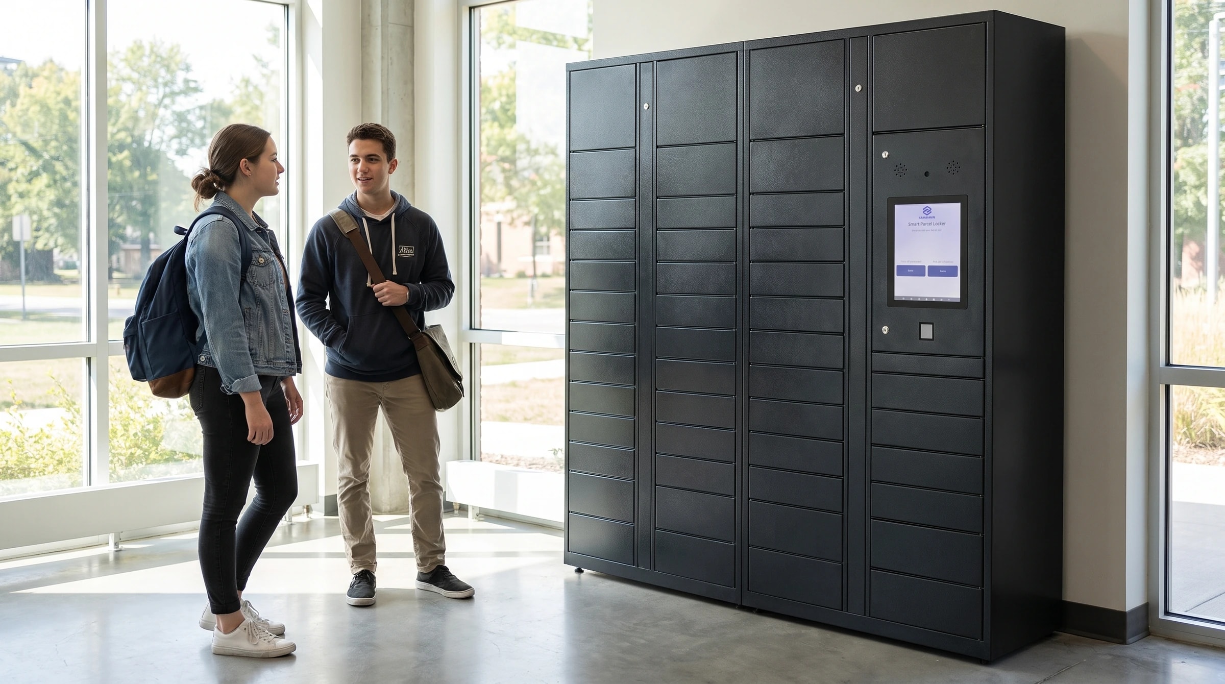 Students near a StaticMile locker bank in a campus mailroom