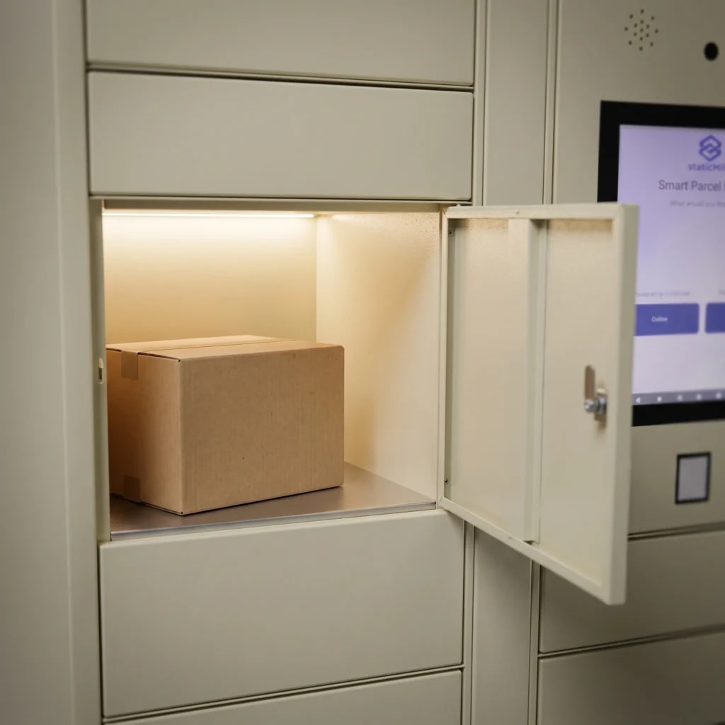 Open StaticMile locker compartment with a parcel inside